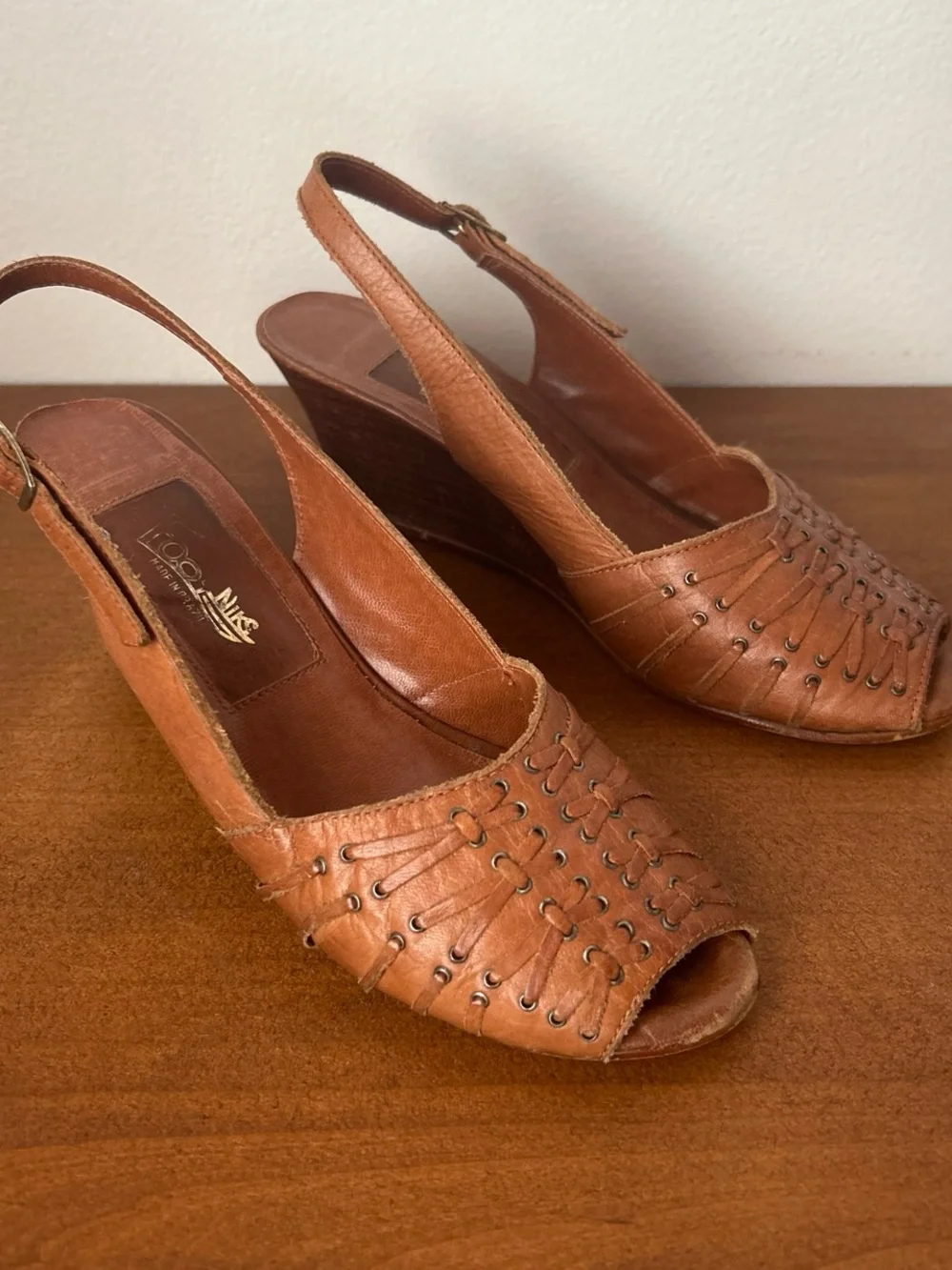 Vintage Footniks Leather Slingback Wedge Sandals
